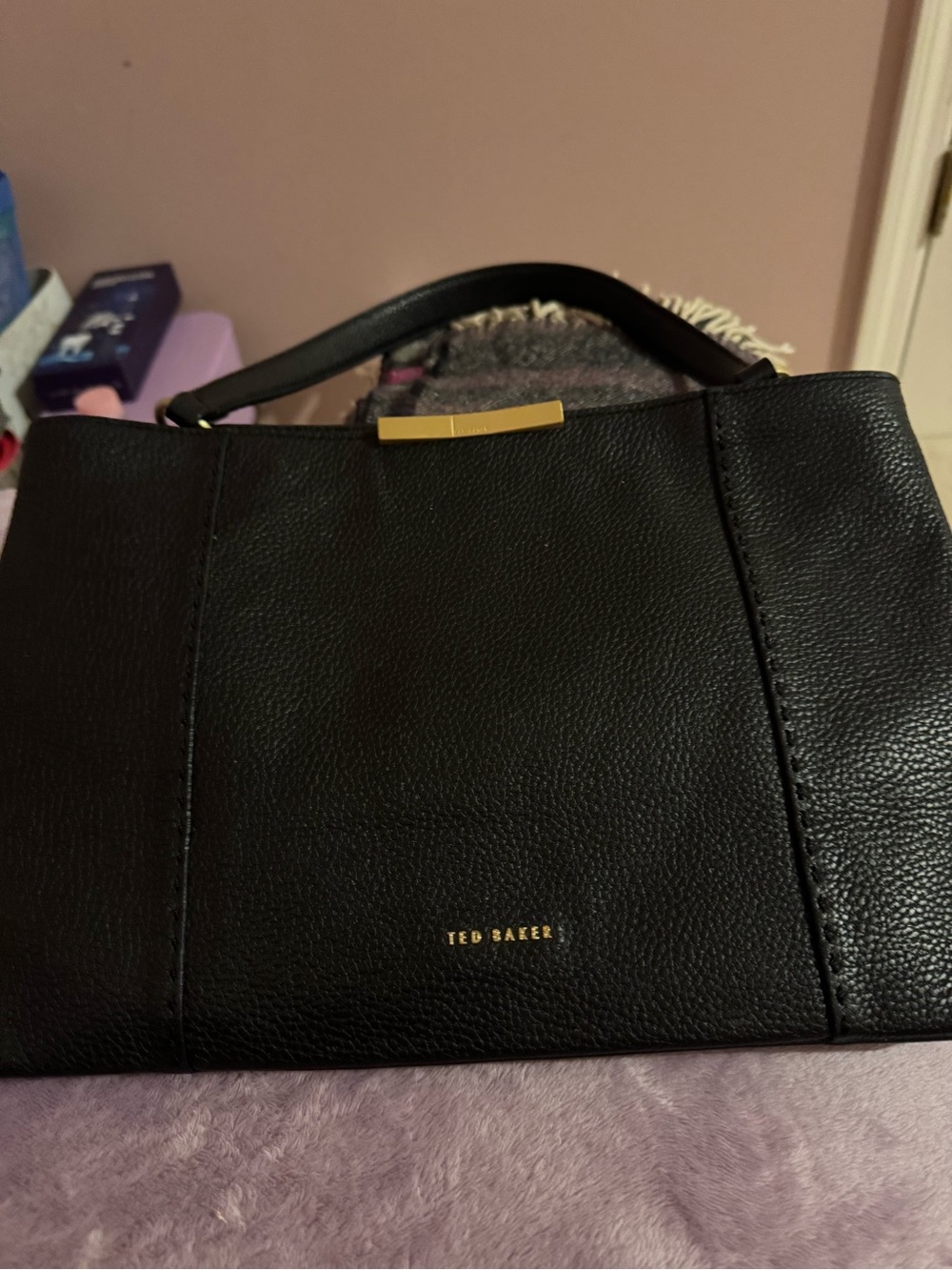 Ted Baker Black Pebbled Leather Satchel with Gold Accents